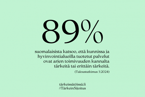89% suomalaisista katsoo, että kunnissa ja hyvinvointialueilla tuotetut palvelut ovat arjen toimivuuden kannalta tärkeitä tai erittäin tärkeitä (Taloustutkimus 3/2024)